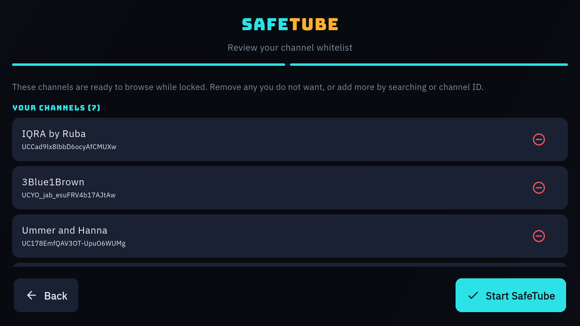 The channel approval screen during setup, listing channels a parent has allowed
