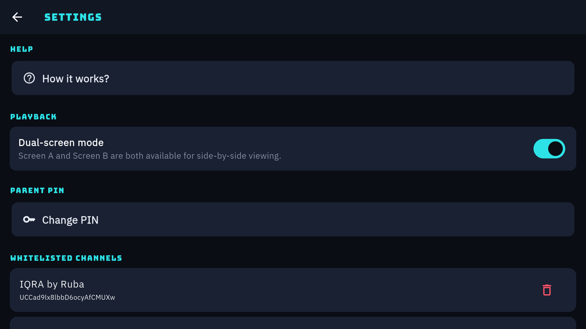 Parent settings screen with the dual-screen toggle and channel controls